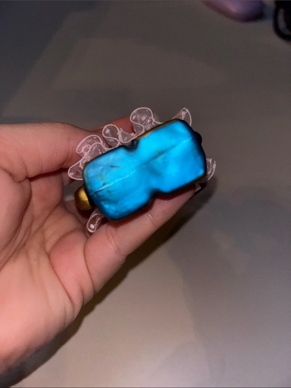 Blue Robot Heart Ornament with Pink Skirt and Gold Accents